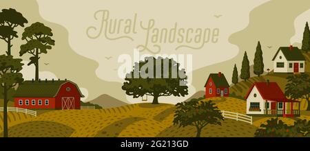 Rural landscape. Panoramic landscape with village and trees. Vector illustration in flat cartoon style Stock Vector
