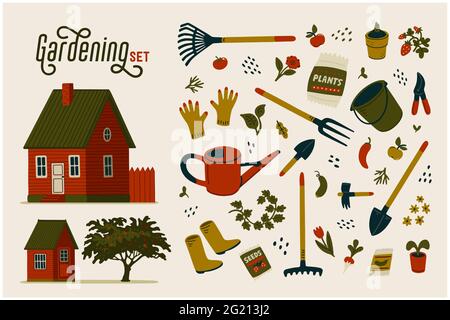Gardening set. Red farmhouse, barn and different types of tools for gardening and landscaping. Vector illustration in flat cartoon style on white back Stock Vector