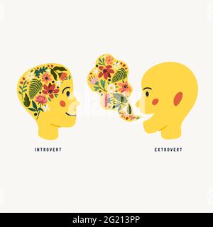 Extrovert and introvert. Extraversion and introversion concept - silhouettes of two human heads with an abstract image of emotions inside and outside. Stock Vector