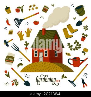 Gardening set. Red farm house and different types of tools for gardening and landscaping. Barn house in rustic style with garden equipment. Vector Stock Vector
