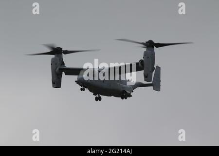 168666, a Bell Boeing MV-22B Osprey operated by the United States Marine Corps, arriving at Prestwick International Airport in Ayrshire, Scotland. Stock Photo