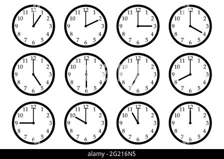 Set of 12 clock icons, showing different times. Stock Photo