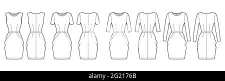 Set of Dresses tulip technical fashion illustration with long elbow short sleeve sleeveless, knee length peg-top pencil skirt. Flat apparel front, back, white color style. Women, men unisex CAD mockup Stock Vector