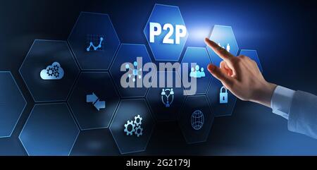Businessman presses button p2p peer-to-peer on virtual interface. Stock Photo