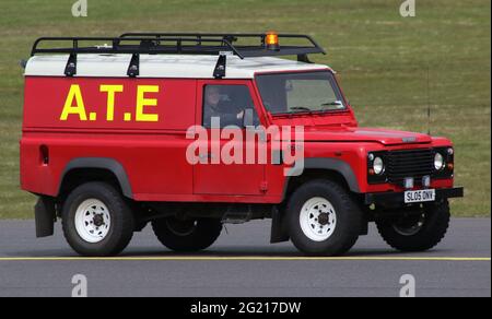 0618 (SL05 ONV), a Land Rover Defender of the Air Traffic Engineering department at Prestwick Airport in Ayrshire, Scotland. Stock Photo