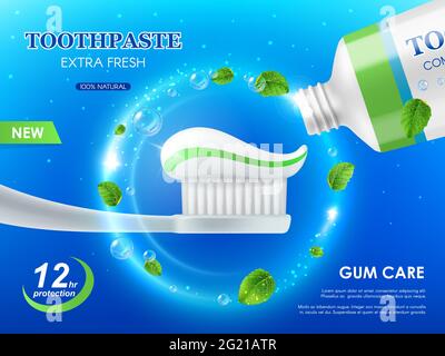 Whitening mint toothpaste and brush, gum care, teeth cleaning. Vector ad poster with paste on white toothbrush, spearmint leaves and tube. Extra fresh Stock Vector