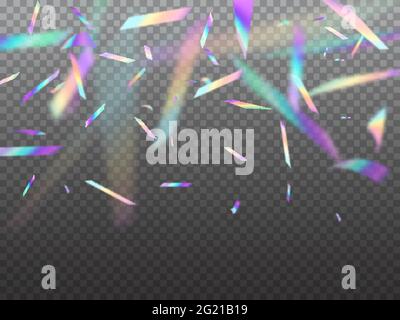Holographic falling confetti glitters with bokeh light. Vector hologram iridescent foil fall from above isolated on transparent background. Rainbow fe Stock Vector