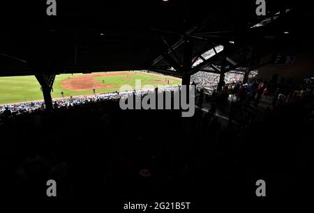 Atlanta, GA, USA. 06th June, 2021. Fans attend a MLB game between the Los Angeles Dodgers and Atlanta Braves at Truist Park in Atlanta, GA. Austin McAfee/CSM/Alamy Live News Stock Photo