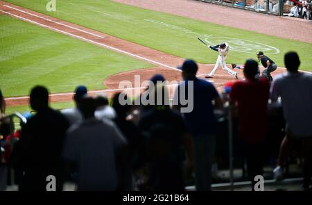 Atlanta, GA, USA. 06th June, 2021. Atlanta Braves first baseman Freddie Freeman grounds out during the fifth inning of a MLB game against the Los Angeles Dodgers at Truist Park in Atlanta, GA. Austin McAfee/CSM/Alamy Live News Stock Photo