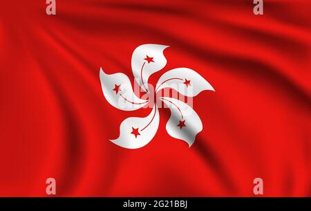 Hong Kong flag. Realistic vector wrinkles or creases, Hong Kong emblem with bauhinia white flower and stars on red background. Chinese special adminis Stock Vector