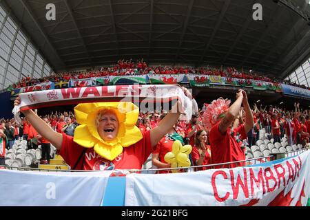 Wales supporters at Stade Bollaert-Delelis in Lens, France for the England v Wales, UEFA Euro 2016 group match. Editorial use only. pic by Andrew Orch Stock Photo