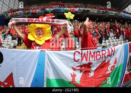 Wales supporters at Stade Bollaert-Delelis in Lens, France for the England v Wales, UEFA Euro 2016 group match. Editorial use only. pic by Andrew Orch Stock Photo