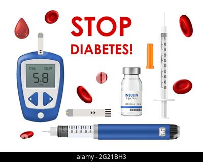 Diabetes disease, glucometer, insulin and syringe with test strip, blood hemoglobin cells or drop. Stop diabetes medicine equipment for measurement gl Stock Vector