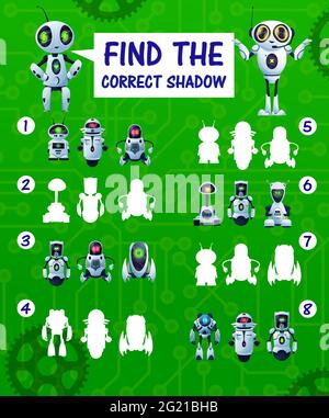Find right robot silhouette, kids maze game or tabletop riddle, vector ...