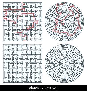 Labyrinth maze, logic game or quiz. Find way, path or exit searching riddle, kids education activity square and circle shape thin line vector template Stock Vector