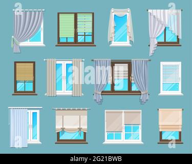 Home and office interior window blinds, shades and curtains. Apartment or house window coverings set. Cartoon vector Persian, Venetian and Roman horiz Stock Vector