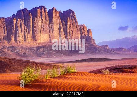 Wadi Rum, Jordan. El Qattar mountain, martian landscape in Arabia Desert. Asia travel background. Stock Photo
