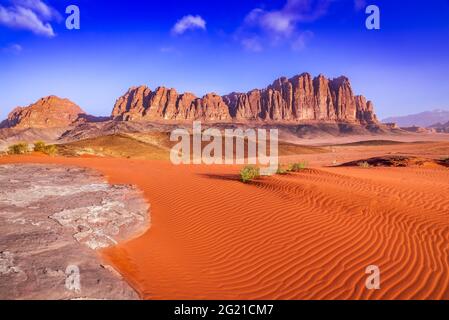 Wadi Rum, Jordan. Valley of the Moon and El Qattar mountain, Arabia Desert. Asia travel background. Stock Photo