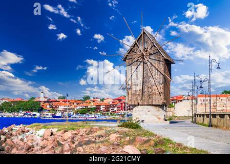 Nesebar, Bulgaria. Old windmill  in the ancient town of Nessebar. One of the major seaside cities on the Bulgarian Black Sea Coast Stock Photo