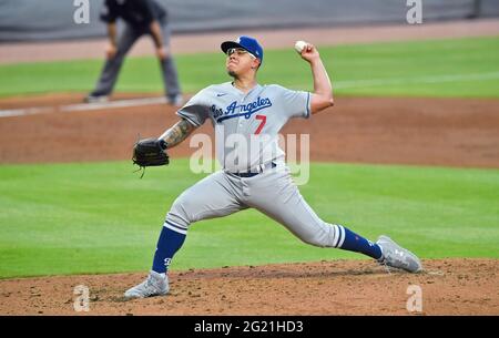 April 4, 2022, Los Angeles, California, USA: Starting pitcher, Julio Urias  #7 of the Los Angeles Dodgers during their Spring Training game against the  Los Angeles Angels on Monday April 4, 2022