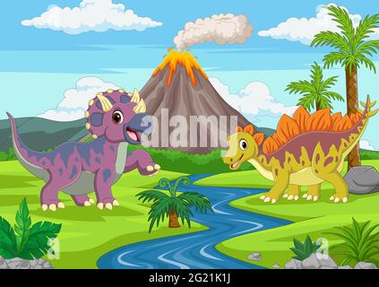 Cartoon funny dinosaurs in the jungle Stock Vector