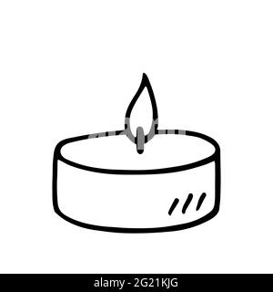 Burning tea light candle isolated on white background. Vector hand-drawn illustration in doodle style. Suitable for cards, logo, decorations. Stock Vector