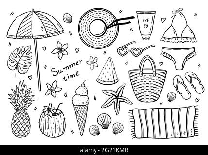 Beach summer set - swimsuit, hat, bag, towel, sunscreen, sunglasses, flip flops, beach umbrella, fruit and ice cream. Vector hand-drawn illustration in doodle style. Perfect for cards, decorations. Stock Vector