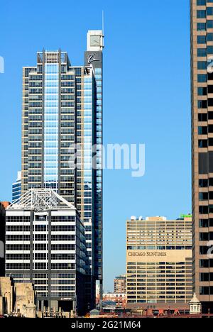 The Boeing Company's International Headquarters and the Chicago Sun-Times buildings are well-known landmarks in downtown Chicago, Illinois. Stock Photo