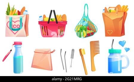 Zero waste goods, net, cotton and paper shopping bags, wooden comb and toothbrush, glass bottle and cup with metal straw. Vector cartoon set of recycle eco packages with food and reusable goods Stock Vector