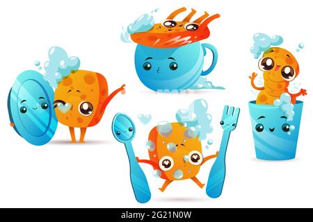 Cleaning sponge with dishes, cute cartoon mascot with funny face and foam bubbles isolated on white background. Sanitary tool and crockery, plate, cup, fork and spoon, Vector illustration, icons set Stock Vector