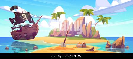 Tropical island with treasure chest and broken pirate ship. Vector cartoon sea landscape with sail boat after shipwreck with skull on black sails, palm trees and gold coins on uninhabited island Stock Vector