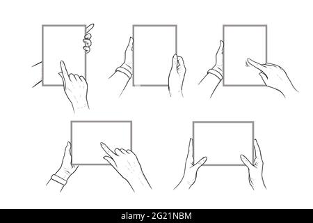 Hands holding tablet with with finger pointing in touchscreen. Set of tablets in hands of a human. Sketch vector illustration isolated in white Stock Vector
