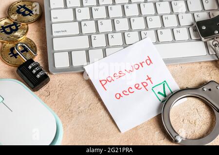 Paper with text PASSWORD ACCEPT on color background, closeup. Hacking concept Stock Photo