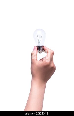 One man's hand holds a light bulb with fingers isolated on white background. Energy saving concept Stock Photo