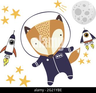 cute fox in astronaut suit and space design elements. Drawn style illustration. Can be used for nursery decoration, design for baby and kids Stock Vector