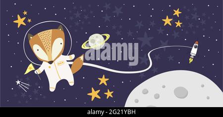 Cute fox in astronaut suit on starry background with space ship and moon. Drawn style illustration. can be used for nursery decoration, design for bab Stock Vector