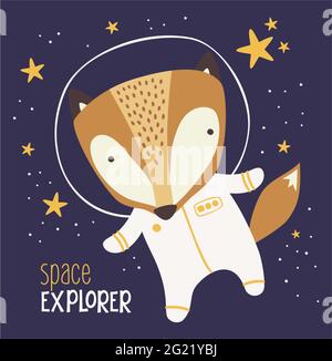 Cute fox in astronaut suit on starry background. Drawn style illustration. can be used for nursery decoration, design for baby and kids Stock Vector