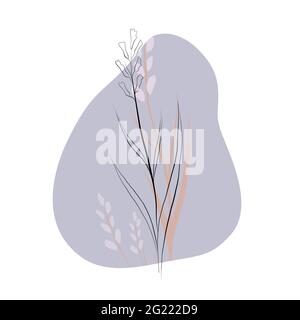 Delicate illustration of outline sketch of wild flowers on gentle pastel color spot. Vector natural contour fashion drawing. Wild grass of the steppes Stock Vector