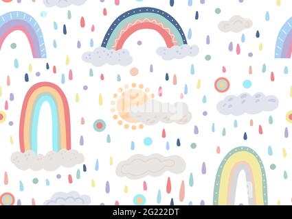 Cute childish pattern with different rainbows, cloud, sun on white background with colorful drops and dots. Vector flat natural texture. Gentle sky wa Stock Vector
