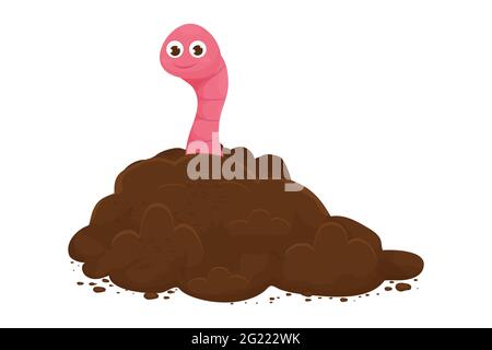 Funny earthworm in ground, soil in cartoon style isolated on white background. Comic, cheerful character. Gardening concept. Vector illustration Stock Vector