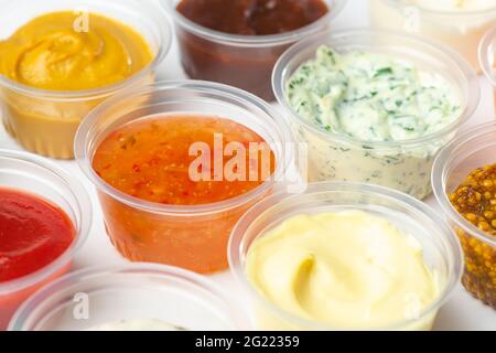 Close-up on various sauces in cups for dipping Stock Photo