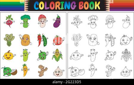Coloring book with cute cartoon vegetables Stock Vector
