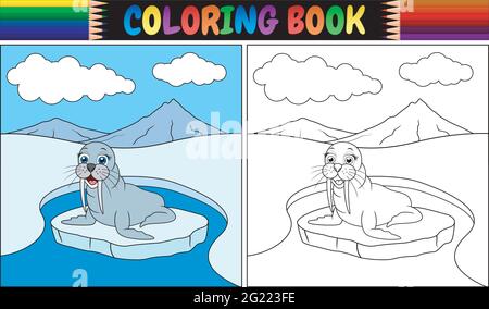 Coloring book with walrus cartoon Stock Vector
