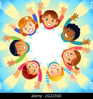 Multicultural kids in a circle with happy faces, raising their hands up. The sun is shining. Illustration of a greeting card with the Day of Stock Vector