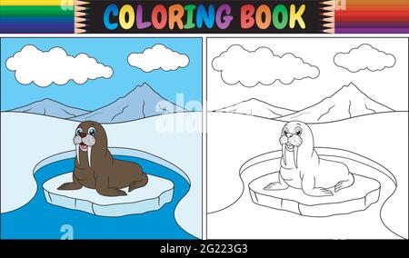 Coloring book with walrus cartoon Stock Vector