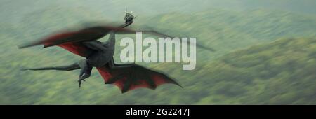 flying dragon, legendary creature above a forest landscape Stock Photo