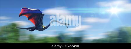 dragon flying above a forest landscape Stock Photo