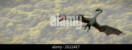 flying dragon, mystical creature flying above a forest landscape Stock Photo