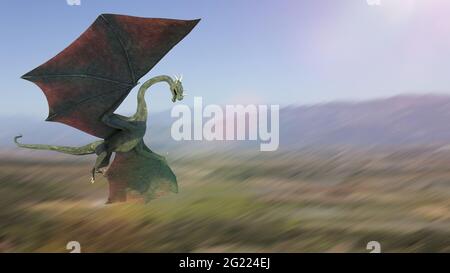 flying dragon, mystical creature flying above a forest landscape Stock Photo