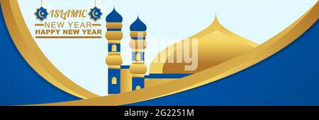 Happy Islamic Muharram New Year Idul Adha Banner with golden gradient and blue gradient combination perfect for Islamic holiday uses Stock Vector